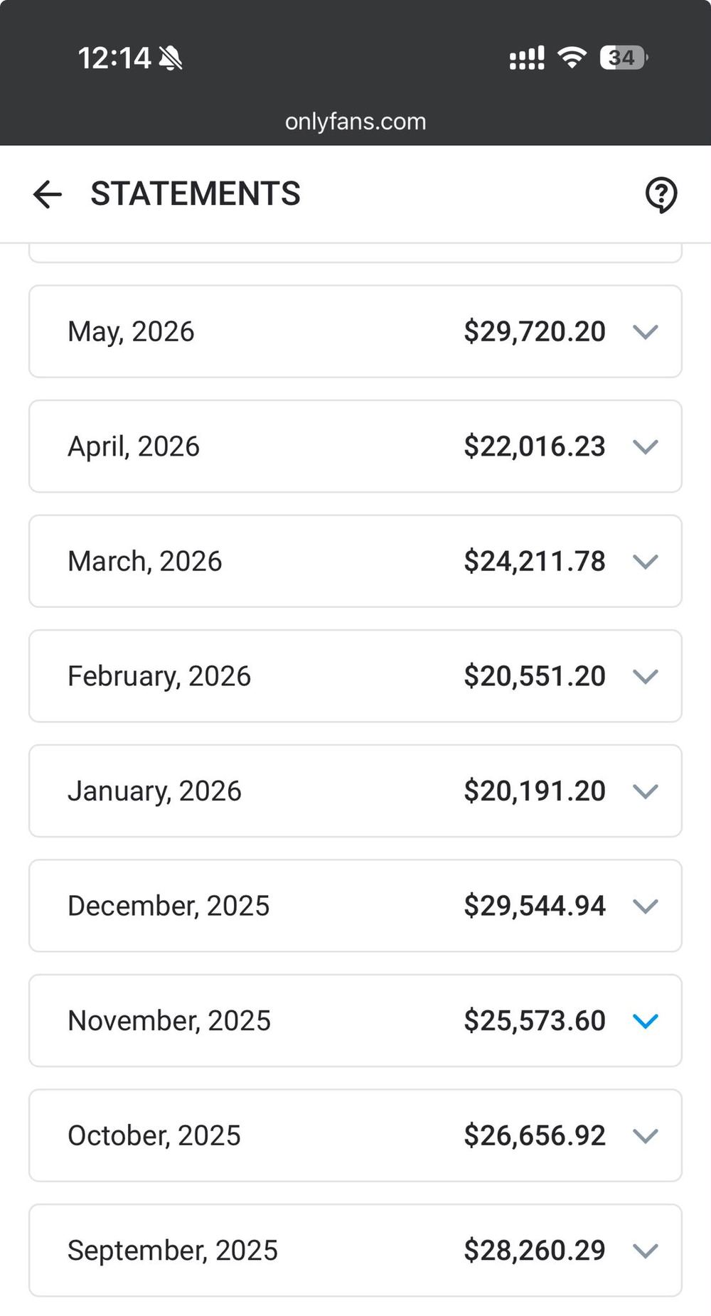 Screenshot of a second OnlyFans creator's monthly earnings statement managed by VVS Media